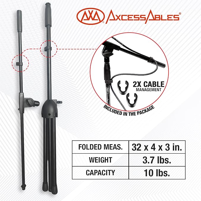 AxcessAbles MS-101 Microphone Stand with Boom Arm, Height Adjustable 37"-64" With 30" Boom arm, Folding Tripod Base, Portable Floor Mic Stand for Singing, Podcasting, Recording, Studio & Stage