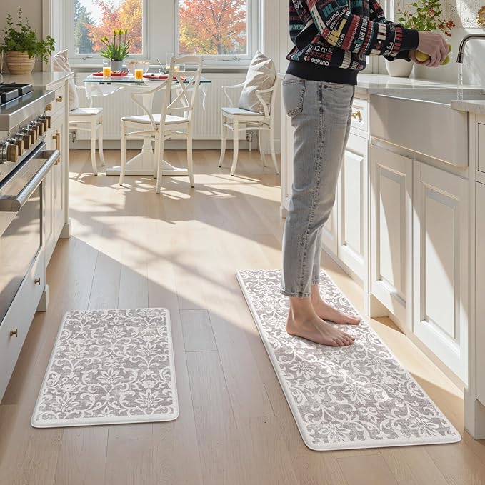 LEEVAN Cushioned Kitchen Mats for Floor Sets of 2,Vintage Distressed Grey Anti-Fatigue Kitchen Mat for Laundry,Non Slip Waterproof Standing Mat for Home,Office,Desk,Sink(17''x29''+17''x47'')