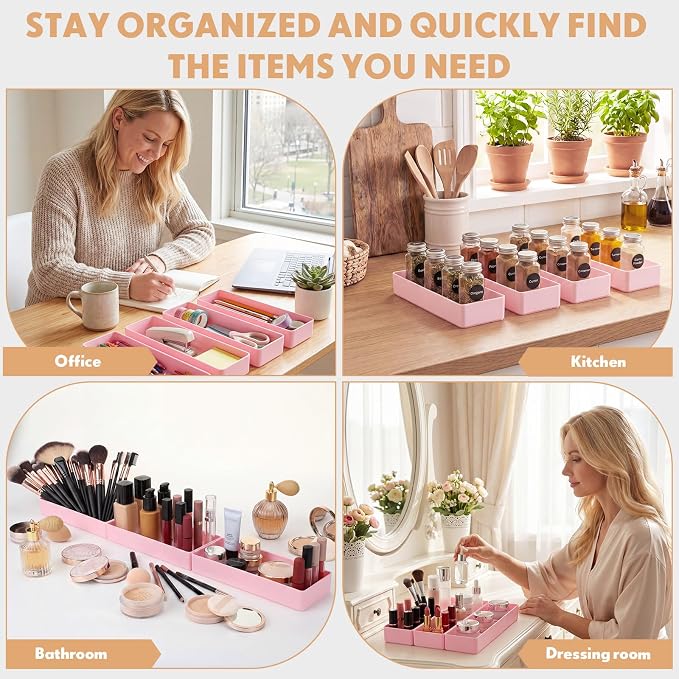Teling 4 Pcs Pink Large Rectangular Desk Organizer Set, Half Accessory Tray, Plastic Tabletop Organizer for Office, Home, or Study, Dimensions: 9.45 x 2.95 x 1.38 Inches