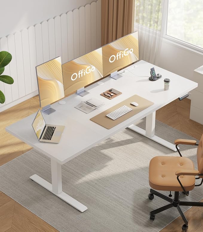 OffiGo 79 Inch Executive Electric Standing Desk Height Adjustable, White | 1.38" Thick 3-Panel Desktop, Power Outlets, 3 Memory Presets, Dual-Beam Frame for Home Office, Workstation, Conference Room