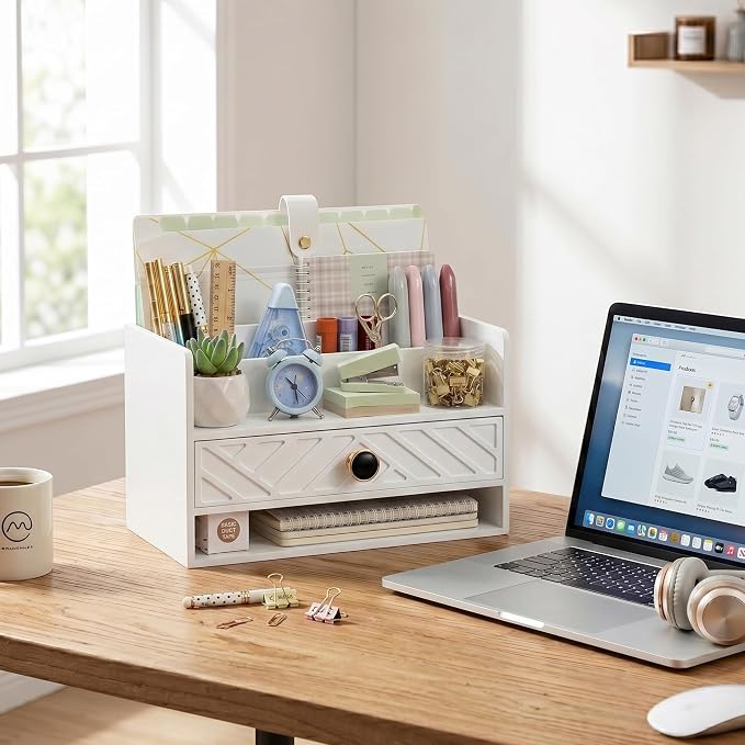 dreampossible white Wood Desk Organizer and Accessories with Drawer, Bill Mail Organizer and File Mail Holder for Office Supplies, Desk Accessories & Workspace Organizers for Desk Organization