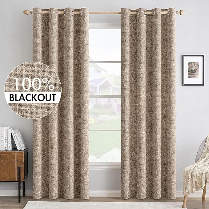 MIULEE 100% Blackout Linen Textured Curtains for Bedroom Solid Thermal Insulated Copper Brown Grommet Room Darkening Curtains & Drapes Luxury Decor for Living Room 52 x 90 Inch (2 Panels)