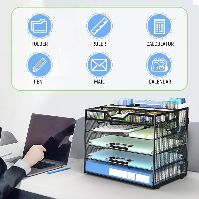 Docnest 5 Tier Mesh Desk Organizer with Adjustable Compartments - Stackable Letter Tray with Built-in Pen Holder & Handles - Desktop File Storage for Office, Home, School Supplies - Black