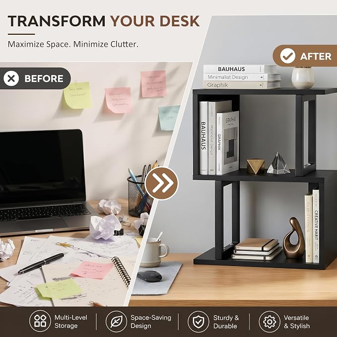 Desk Shelf Organizer, Small Desktop Bookshelf Wood, Black | Dorm Desk Hutch, 3-Tier, Desktop Organizer Shelf Storage Unit, for Home, Dorm, Office
