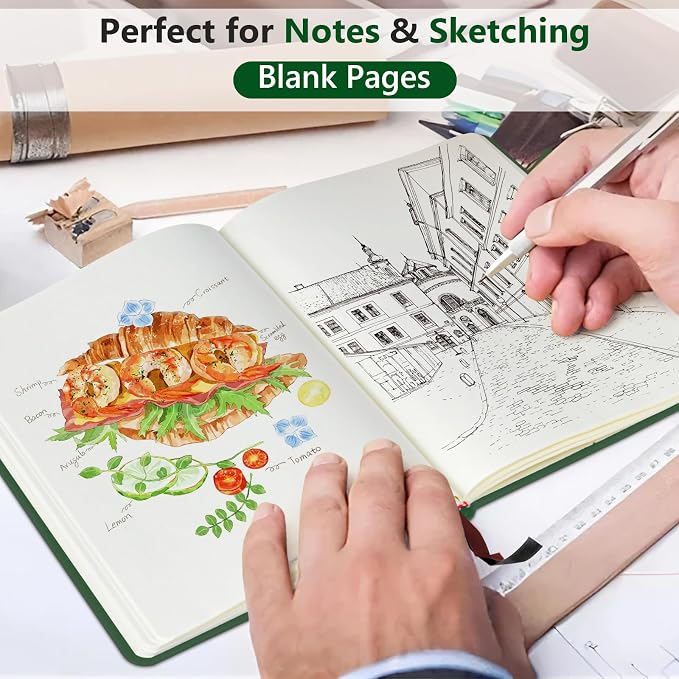 PERCUN Blank Journal Ntebook for Men & Women, 160 Pages Leather Journals for Writing, Drawing Sketch Book,5.9" x 8.5" Hardcover Sketchbook, Unlined Notebooks for Work, School, Art (Green)