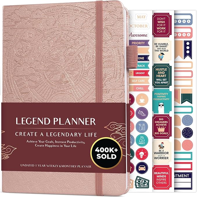 Legend Undated Weekly Planner – Goal Planner Journal & Organizer Notebook – Agenda Book with Monthly Calendar & To-Do List, A5 (Rose Gold, Gold)