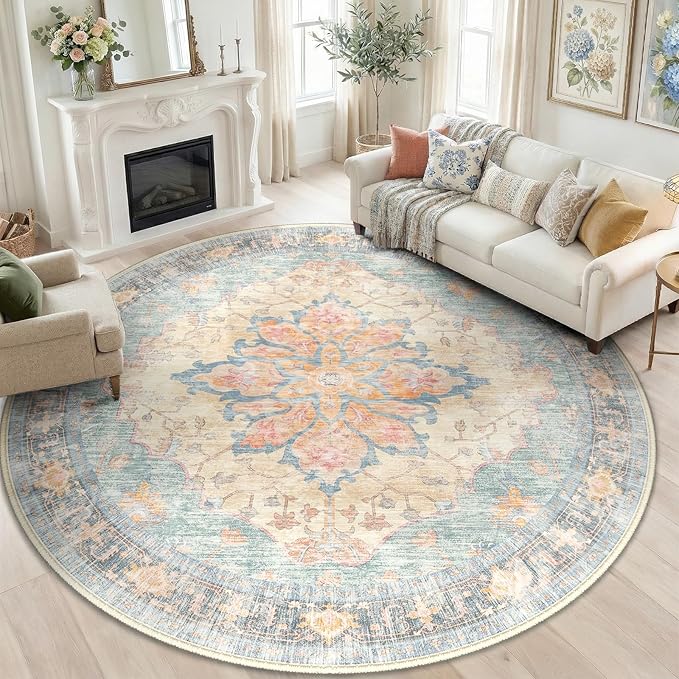 RELEANY Area Rugs Round 8ft Washable Non-Slip, Floral Vintage Distress Medallion Carpet for Living Room Bedroom Dining Room, Blue Orange Red