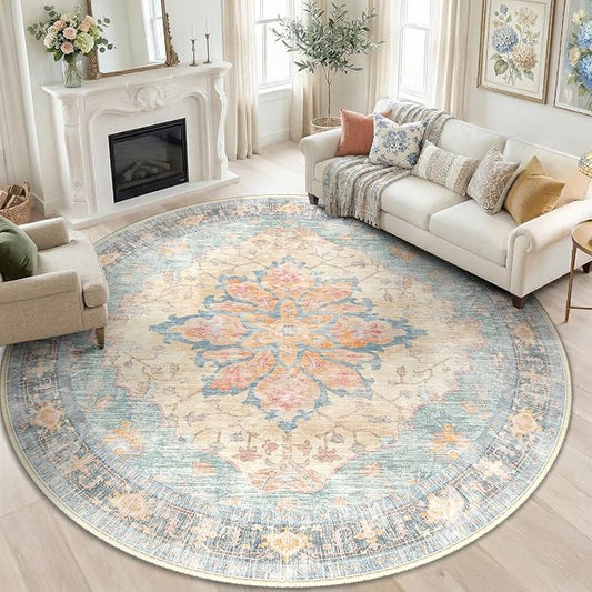 RELEANY Area Rugs Round 8ft Washable Non-Slip, Floral Vintage Distress Medallion Carpet for Living Room Bedroom Dining Room, Blue Orange Red