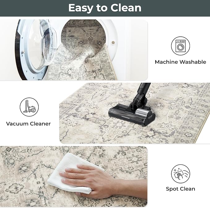 GRANNY SAYS Boho Kitchen Rug Sets of 2, Non Slip Washable Faux Wool Kitchen Mats for Floor, Thick Soft Anti-Fatigue Comfort Standing Mat Runner Rugs for Hallway Laundry Room, Beige