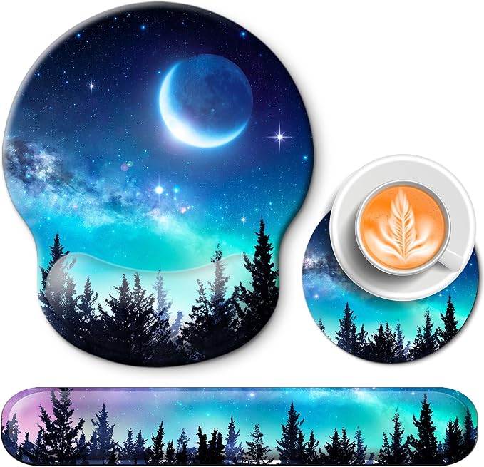 Mouse Pad and Keyboard Wrist Rest Support, with Non-Slip PU Base,Gel Mouse Pad with Coaster,Pain Relief for Gaming, Computer,Office -Forest Moon