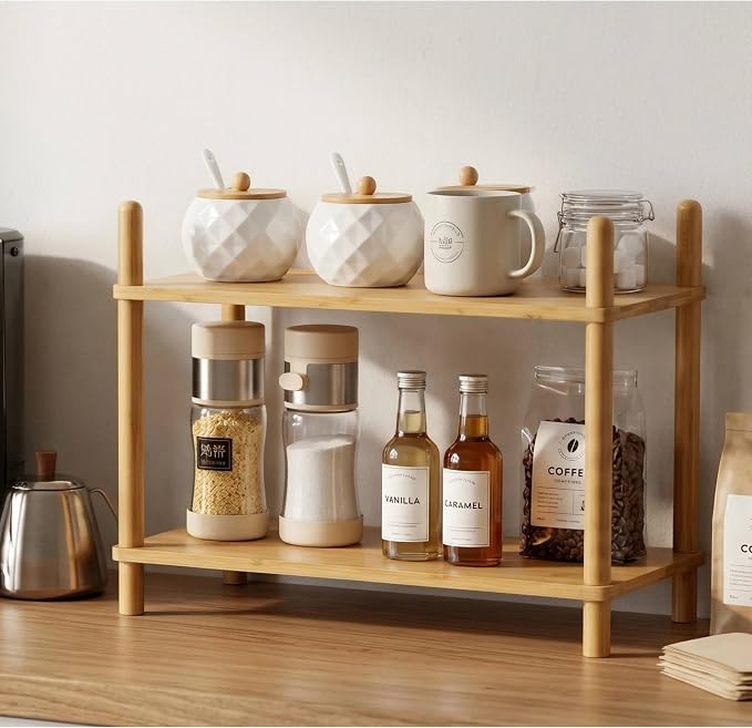 2-Tier Bamboo Coffee Bar Organizer,Coffee Bar Accessories, Mul-tifunctional Wooden Beaded Coffee Station Countertop Stand Shelf for Kitchen Home Office,Counter Riser Display Shelf for Top of Desk Home