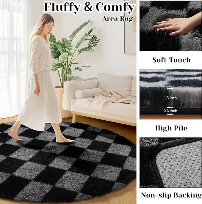 KICMOR Round Rugs 6ft Black and Grey Circle Area Rug, Fluffy Soft Fuzzy Shag Shaggy Bedroom Living Room Carpet, Indoor Checkered Circular Rug for Teen Kids Boys Girls Home Decor Aesthetic, Nursery