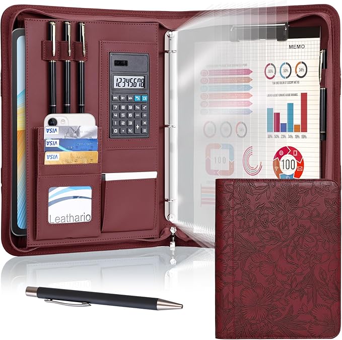 Leathario Portfolio Binder, Includes 5 Sheet Protectors and a Pen, 13 Inch Tablets Organizer, Vegan Leather A4 Padfolio, Multi-Pocket Notepad Business Planner Professional Document