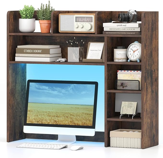 Tangkula Desktop Bookshelf with LED Lights, Desk Hutch with 8 Shelves for Max 25" Monitor, Desktop 5-Tier Display Rack, Multipurpose Wood Desktop Storage Hutch Organizer for Dorm Office Home