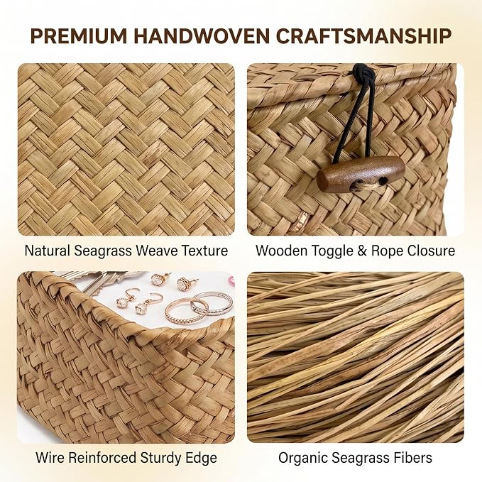 Mini Seagrass Basket with Lid, Square Handwoven Wicker Storage Bins, Key Holder, Jewelry, Hair Ties, Candy Organizer for Shelf, Entryway, Desk, Home Decor, 3.94x3.94x3.15 inch