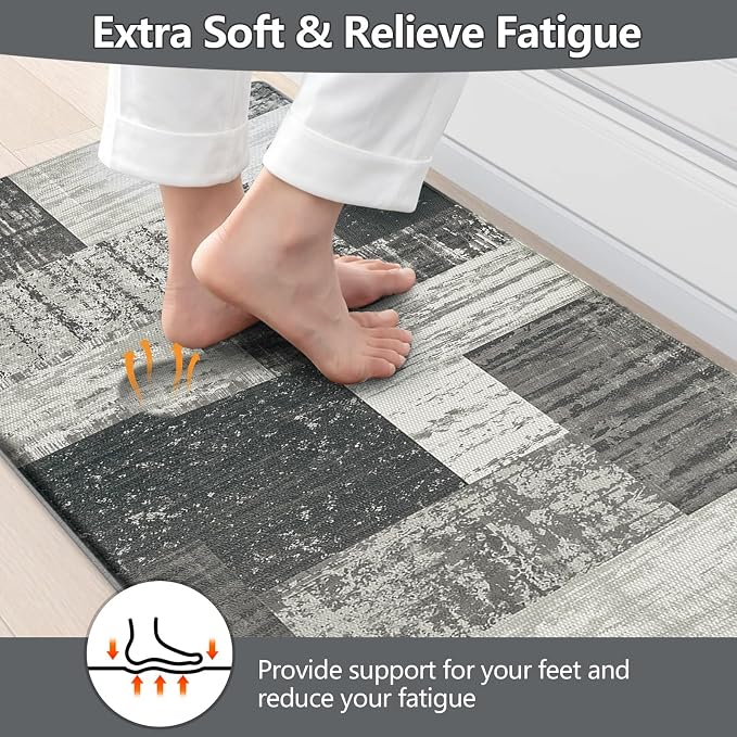LOKHOM Anti Fatigue Kitchen Mats for Floor, 24x59 Non Slip Modern Cushioned Standing Comfort Kitchen Runner Rug, Waterproof Geometric Patchwork Memory Foam Padded for Sink Laundry Office, Grey