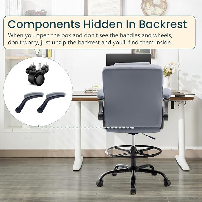 Drafting Chair 500Lbs, Tall Office Chair for Standing Desk, High PU Leather Executive Office Chair with Flip-up Armrests, Ergonomic High Chair with Adjustable Foot Ring, Comfy Stool Chairs, Grey