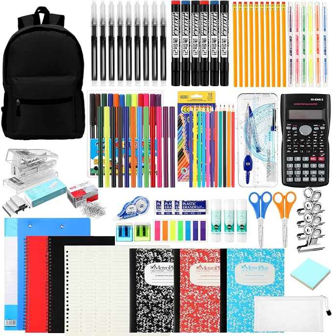 Gilprop 81 Pcs School Supply Kit with Backpack Back to School Supplies Bundle Bulk School Essentials for Elementary Middle High School Students Includes Folders Notebooks Pencils and More(Black)