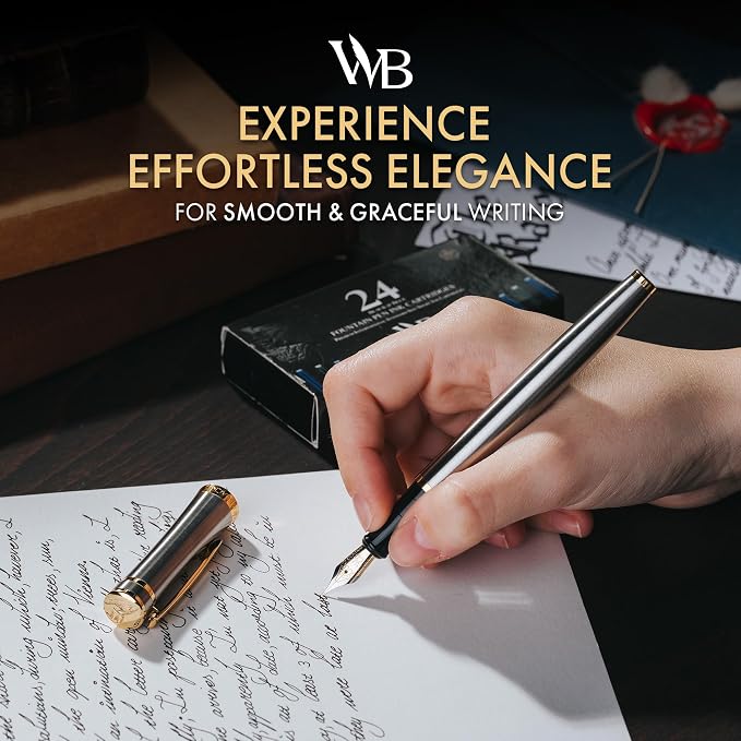 Wordsworth & Black Fountain Pen Set, Medium Nib, Includes 24 Ink Cartridges and Ink Refill Converter, Gift Case, Journaling, Calligraphy, Smooth Writing Pens [Silver Gold], Perfect for Men and Women