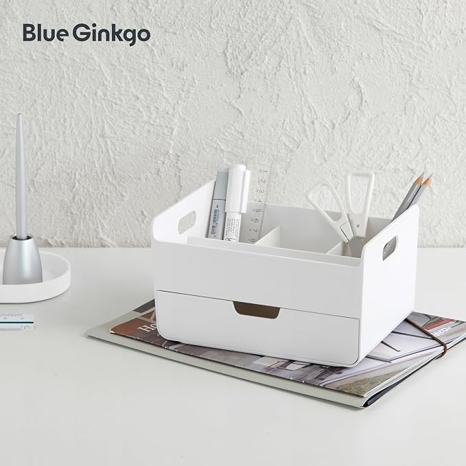 BLUE GINKGO Portable Desk Organizer, White, Made in Korea | 3 Compartments. Half Drawer. Everyday Storage.