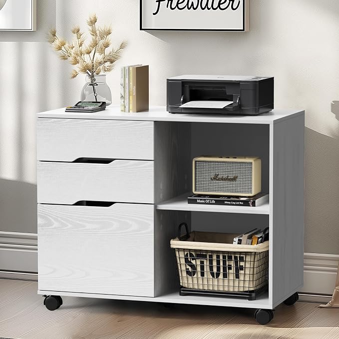 DUMOS File Cabinet with 3 Drawers, Wood Under Desk Storage Printer Stand | Rolling Lateral Filing Cabinet with Adjustable Shelves for Home Office Study Organizatiom, Classic White