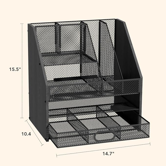 Homsorout Wooden Desk Organizer - Mesh File Organizer with Drawers and Pen Holder - 4-Tier Vertical Paper Letter Storage Tray, Desktop Organizers and Accessories for Home Office (Black