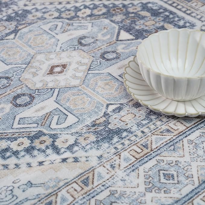 10x12 Area Rug for Living Room: Vintage Oriental Washable Rug for Bedroom Dining Room with Non Slip Rubber Backing Stain Resistant Low Pile Large Carpet Home Office (Blue, 10x12)