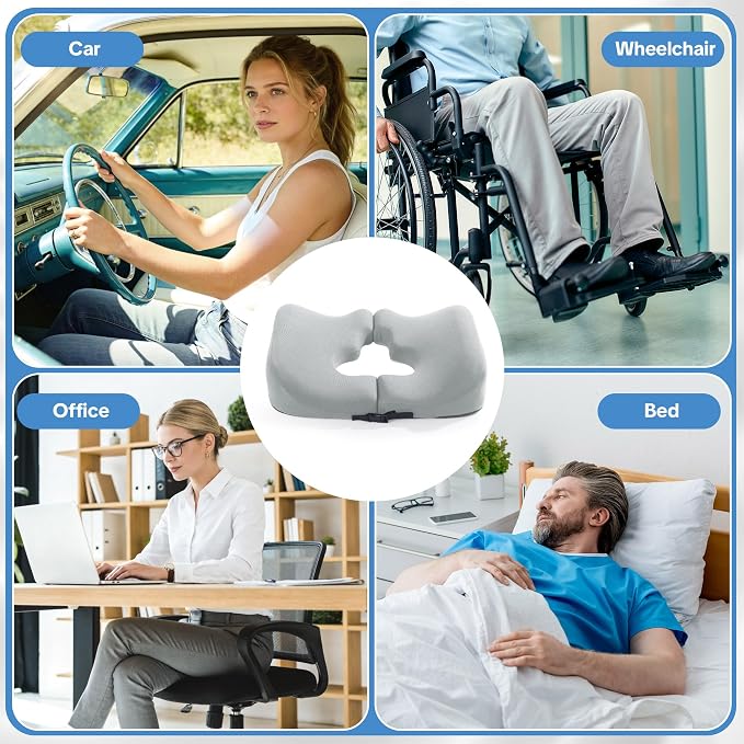 HOMBYS Memory Foam Bed Sore Cushions for Butt, Bedsore Pressure Relief Pillow for Sleeping and Sitting, Cushion for Bed Sores on Buttocks, T Shaped Opening Tailbone Pillow, Patent Pending, Light Grey
