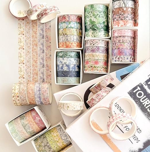 Flowers Washi Tape Set 60 Rolls Floral Patterns Decorative Skinny Blooms Masking Tapes for Arts, DIY Crafts, Journals, Planners, Scrapbook, Wrapping (Spring)