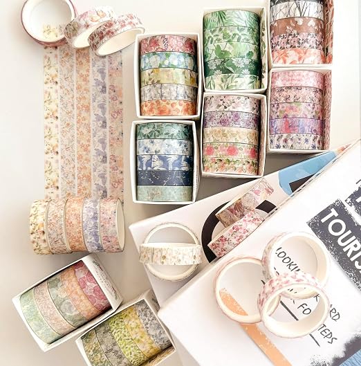 Flowers Washi Tape Set 30 Rolls Floral Patterns Decorative Skinny Slim Masking Tapes for Arts, DIY Crafts, Journals, Planners, Scrapbook, Wrapping (Greens Thrive)