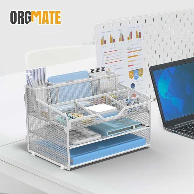 3 Tier Mesh Paper Desk Organizer with Pen Holders, White | Features 3 pen holders, and 5 adjustable compartments for office school home desk storage