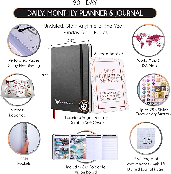 90-Day Goal Planner with Daily Journal, Gratitude & Habit Tracker | Daily Planner, Productivity, Time blocking, Manifestation & Affirmations with Vision Board, Gratitude Journal for Women & Men