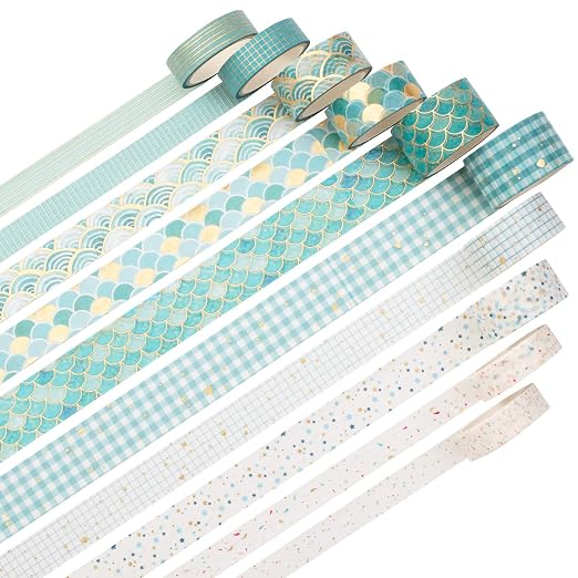 Creative Washi Tape Set 10 Rolls Gold Foil Print Decorative Masking Tapes for Arts, DIY Crafts, Journals, Planners, Scrapbook, Wrapping (Blue Melody)