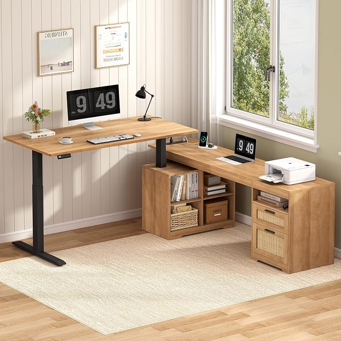 YOMILUVE 66 inch Rattan L Shaped Standing Desk with Storage for Home Office | Corner Electric Standing Desk with Drawers ＆ Storage Shelves, Height Adjustable Computer Desk with Power Outlets, Oak