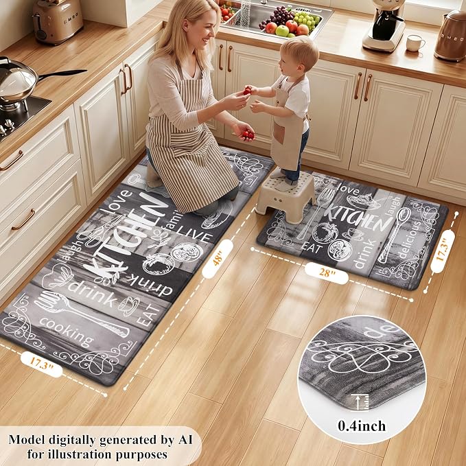 HEBE Anti Fatigue Kitchen Rugs Set of 2, Cushioned Kitchen Mats for Floor | Non Slip Farmhouse Kitchen Rug and Runner Set, Waterproof Comfort Kitchen Floor Mat Carpet for Sink, Standing Desk, Laundry