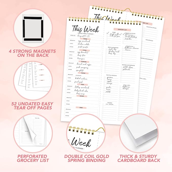 Decorably 52 Sheets Minimal Pink Undated Magnetic Weekly Meal Plan Grocery List Notepad with 4 Strong Magnets - 8.5x11in Spring-Bound, Refrigerator Mountable, Easy Tear-Off Design