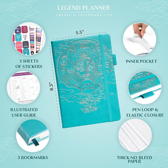 Legend Undated Weekly Planner – Goal Planner Journal & Organizer Notebook – Agenda Book with Monthly Calendar & To-Do List, A5 (Turquoise, Gold)