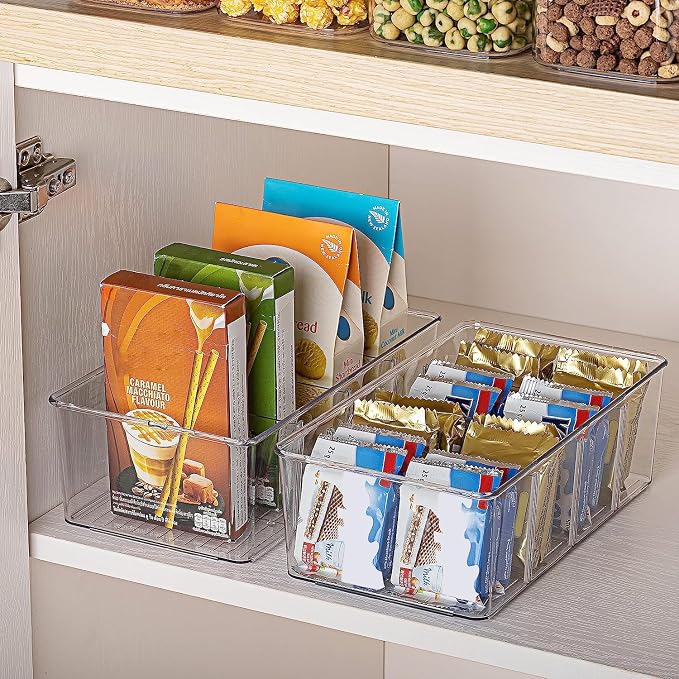 Vtopmart 10 Pack Food Storage Organizer Bins, Clear Plastic, 4 Compartments | For Pantry, Kitchen, Fridge and Cabinet Organization, Organize Food Packets, Snacks, Pouches and Spice Packets