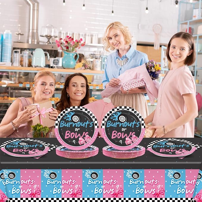 Qyeahkj Burnouts or Bows Gender Reveal Party Supplies Serves 24 Baby Boy or Girl Party Decorations Paper Plates Napkins Gender Reveal Tablecloth Set Tableware Kit for Baby Shower