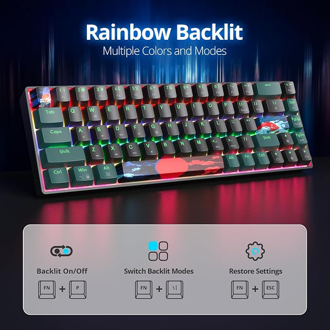 60 Percent Gaming Keyboard 68 Keys Mechanical Keyboard Rainbow Backlit Compact Wired Keyboard with Red Switch for Windows PS4/5 Xbox(68 Green)
