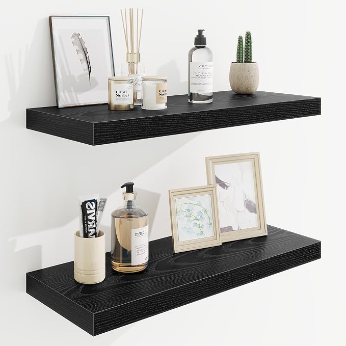 24in Floating Shelves for Wall, 24"W x 9.25"D x 1.25"H, 2 Pack Long Wall Mounted Engineered Wood Shelves with Invisible Brackets for Living Room, Bedroom, Bathroom, Kitchen Decor and Storage, Black