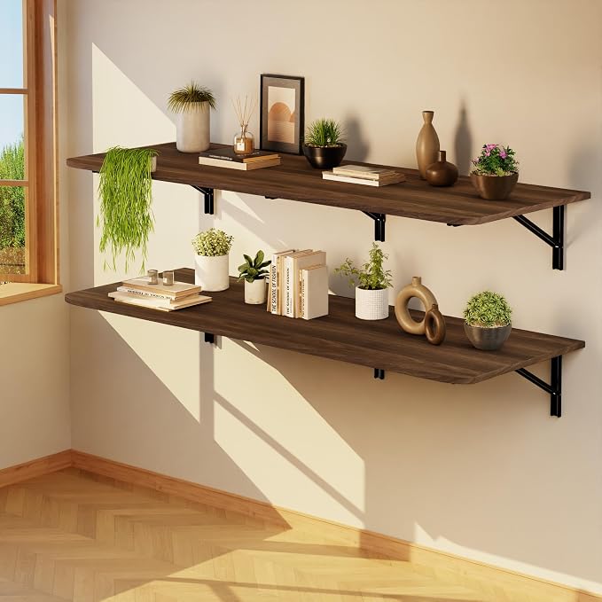 IAE Wall Mounted Floating Foldable Desk 60" x 22" Folding Computer Workstation Table with Engineered Wood and Metal Shelf Brackets,Fold&Floating Design for Home Office, Apartment,Laundry Room,Walnut