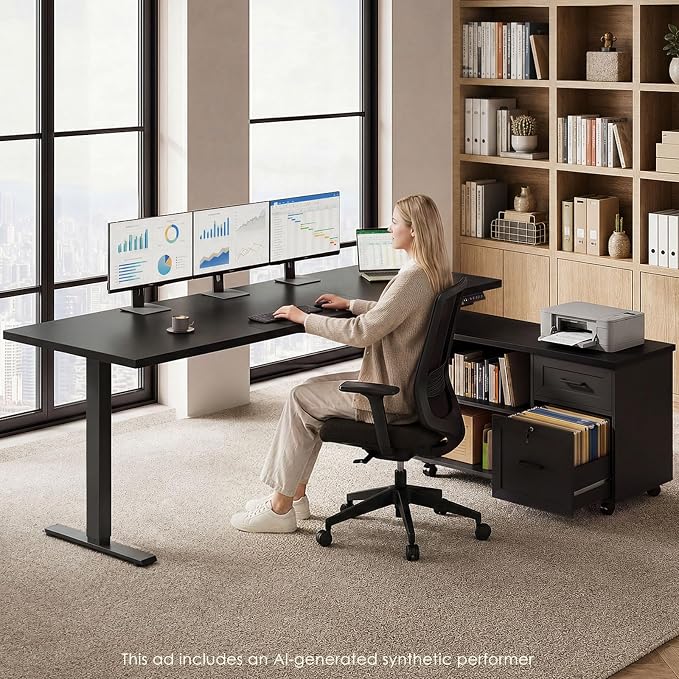 OffiGo 71 Inch L Shaped Electric Standing Desk with File Cabinet, Black | Mobile Drawers & File Cabinet for Flexible Layout, Height Adjustable Executive Stand Up Desk for Home Office Workstation