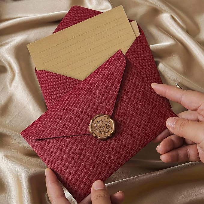48 Pieces Stationery Set with Envelopes (24 Kraft Paper Sheets + 12 Linen Texture Envelopes+12 Wax Seal Stickers), Stationery Letter Writing Paper Set for Love Letters and Party Invitations (Red)
