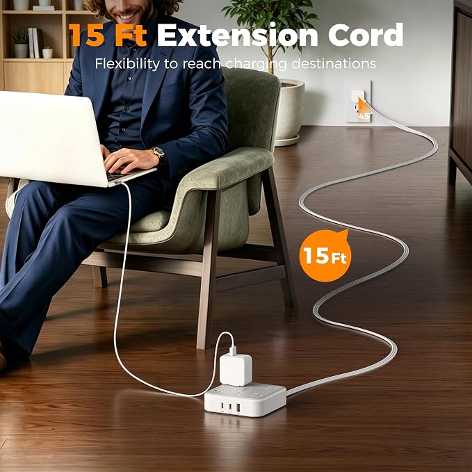 TESSAN Surge Protector Flat Extension Cord 15Ft, Flat Plug Power Strip with 4 Outlets 3 USB Ports (2 USB C), 900 Joules Protection, Multiple Wall Outlet Extender Suitable for Home Office Dorm, Grey