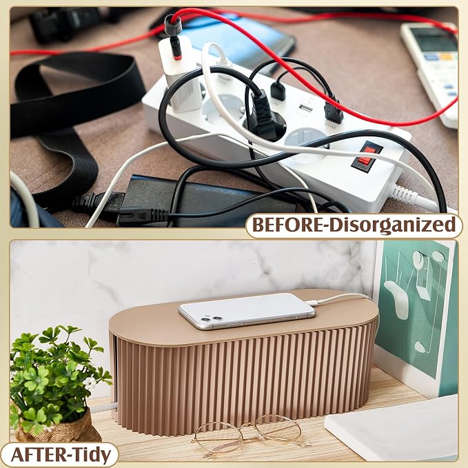 2 Pcs Cable Management Box, Fits Most Power Sockets, 11.8x5.1x4.3 in | Hides Cords & Power Sockets, Bamboo Lid, Beige & Black Options, Includes 48 Accessories, Home Office Desk or Floor Use