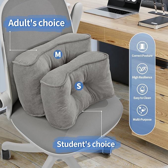 Lumbar Support Pillow for Study Desk Chair, Bite-Size Natural Latex Foam Back Support Pillow for Lower Back Pain Relief, Soft & Support Corduroy Office Chair Cushion, S, Gray
