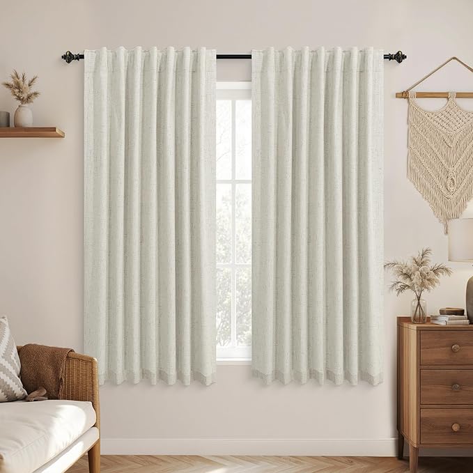 KOUFALL Natural Back Tab Linen Blackout Curtains for Living Room 52 by 54 Inch Length