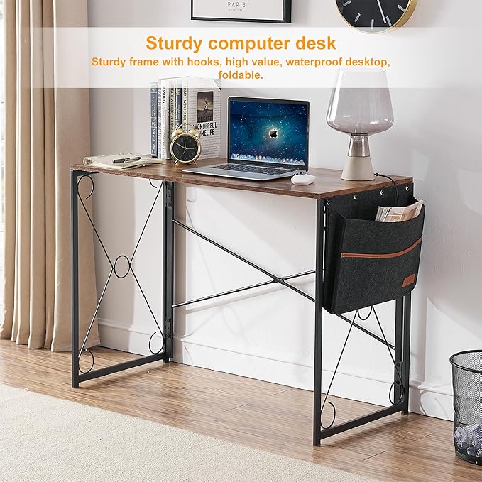 VECELO Folding Desk with Storage Bag 39 Inch Writing Desk Home Office Sturdy Steel Laptop Table for Home Office Work Retro Brown