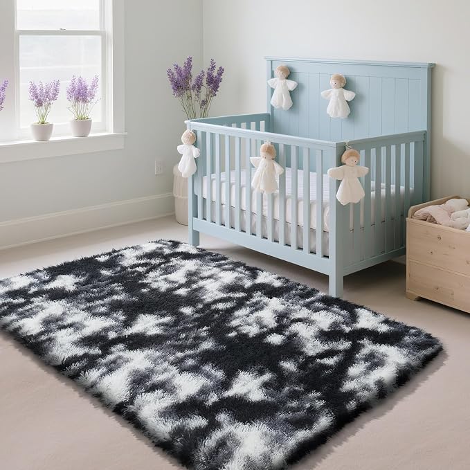 Fluffy Rug Shag Area Rug, Mottling Black 2x4 Area Rugs for Bedroom, Small Bedside Rug, Soft Fluffy Shag Entryway Throw Rugs for Living Room Bedroom Room Home Decor